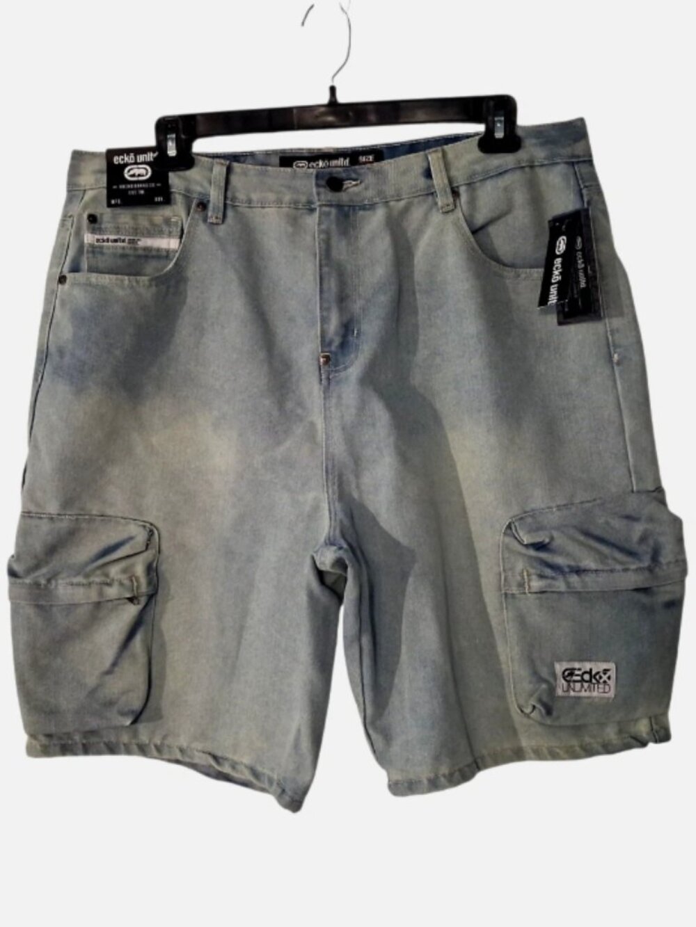 Ecko Unltd Mens Baggy Fit Cargo Shorts Size 38 Denim Y2K Streetwear Light blue
